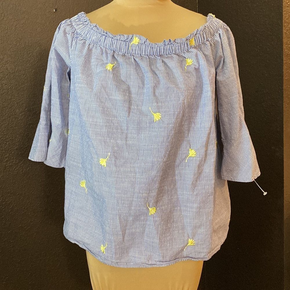 Casual Collection by F & F blue white pinstripe embroidered off shoulder blouse - Picture 1 of 6